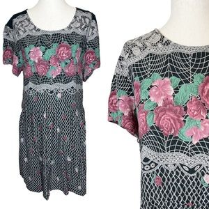 Vintage 90s Grunge Rose Floral Babydoll Dress Size Medium Petite